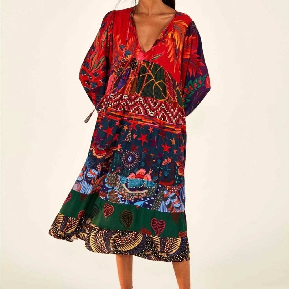 FARM Rio Red and Blue Long Sleeve Sundress